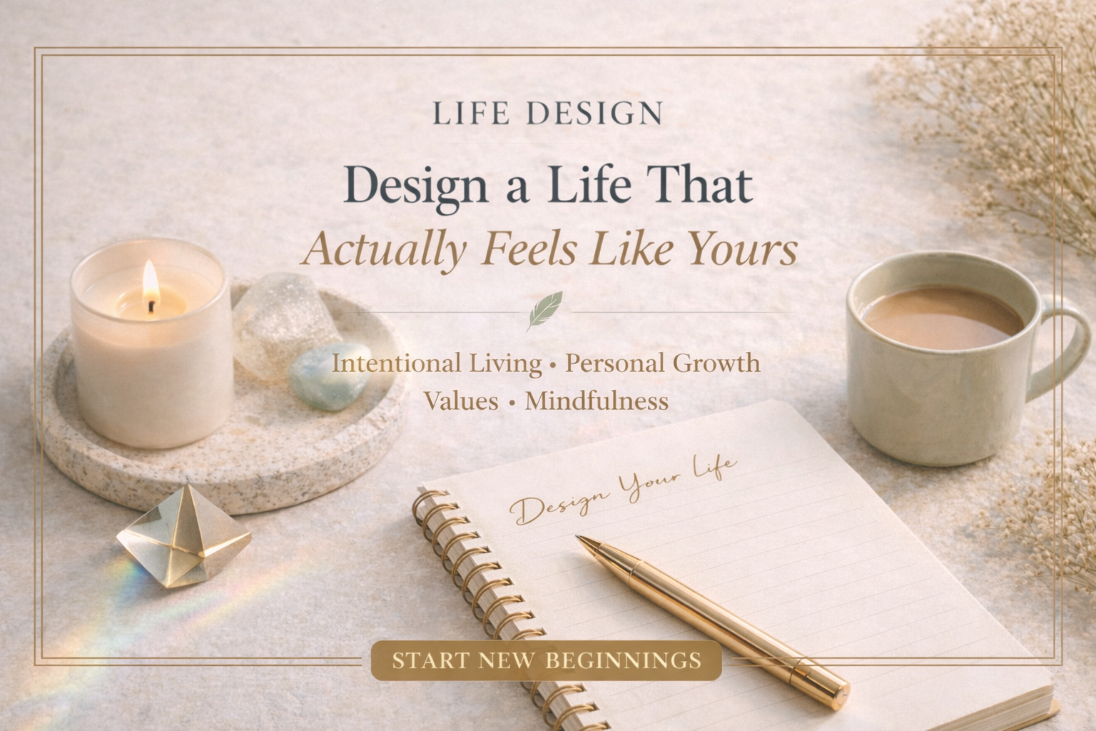 Calm life-design workspace with open journal, candle, prism—warm morning light.